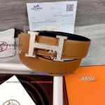 Perfect Replica Hermes Wheat Leather Belt With All Diamonds Rose Gold Buckle